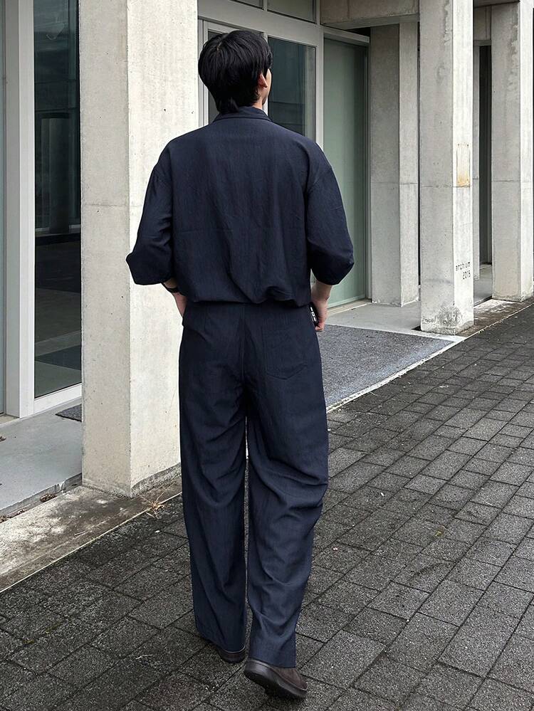Navy Blue Short Sleeve Shirt & Pants Set For Men, Spring/Summer