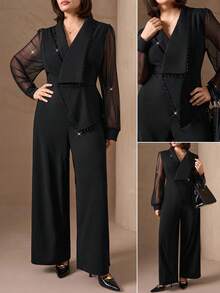 Chikora 大码女式翻领网纱拼接长袖优雅阔腿连体裤 - 黑色 - 查看 2