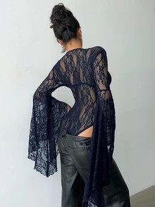 Aloruh Áo liền thân ren đen tay cánh dơi cho Halloween - Màu xanh hải quân - Xem 2