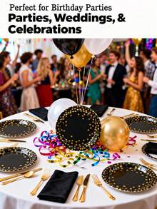 10/20/50pcs 7" Black Gold-Dotted Paper Plates - Premium Disposable Tableware For Parties, Weddings & Fine Dining (Bleach-Free Pulp) - Gold Dot Black - View 5