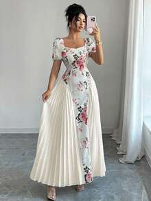 Elenzga Robe mi-longue élégante pour femmes, style français léger pour les vacances, les voyages, et les sorties. Design contrasté Top de gamme avec motif floral rose. Idéale pour la Saint-Valentin et les rendez-vous. Avec manches bouffantes et col carré plissé. - Multicolore - Voir 6