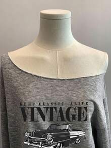 Attitoon Áo sweatshirt tay dài dáng rộng, phong cách retro cổ điển, in hình xe hơi, thích hợp cho nữ, thích hợp mặc mùa thu/đông và đầu xuân. - Màu Xám nhạt - Xem 5