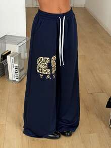 Coolane Women's Spring/Summer Streetwear Back To School Casual Fashion Street Leopard Print Numeric & Letter Drawstring Waist Loose Wide Leg Pants - Blue - View 7