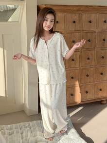 DAZY Tween Girl Floral Print Button Front Short Sleeve Top And Pants Pajama Set - Beige - View 6
