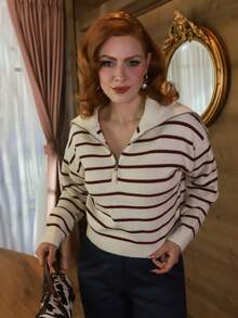Gretanique Casual Striped Long Sleeve Half-Zip Pullover Fall - Burgundy - View 4