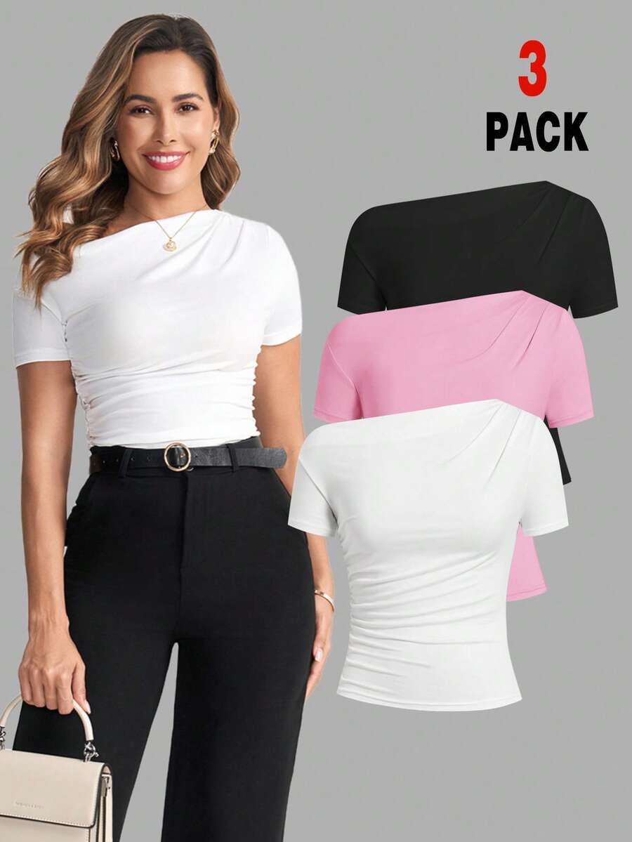 Ellevyn 女士纯色不对称领休闲褶皱短袖T恤 - 藕粉色 - 查看 1