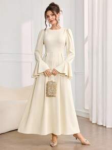 Al Najma 女士优雅简约纯色喇叭袖收腰阿拉伯风格连衣裙 - 杏色 - 查看 6