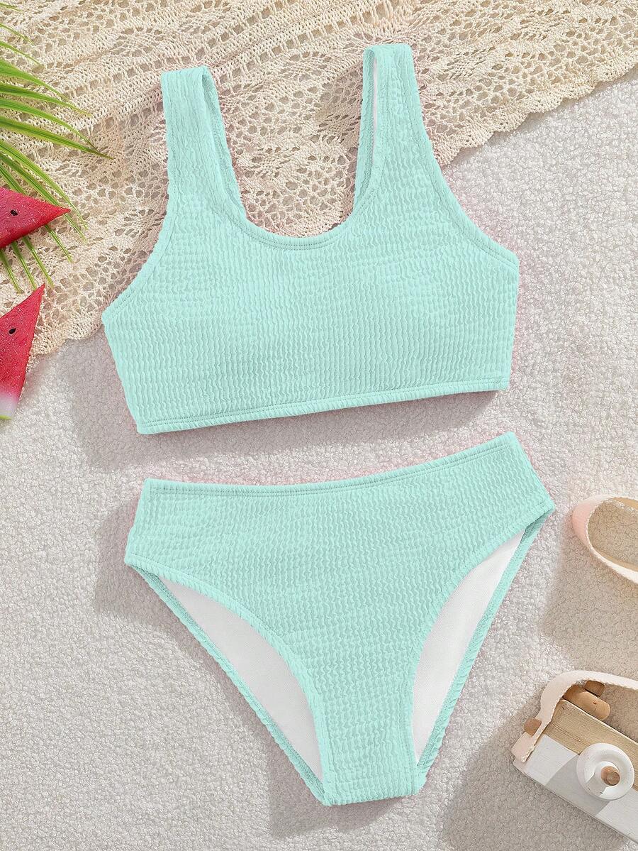 SHEIN 少女比基尼套装，针织波浪纹面料两件式泳衣，优雅保守的欧美时尚风格，适合度假、游泳、夏季和海滩穿着。 - 綠色 - 查看 1