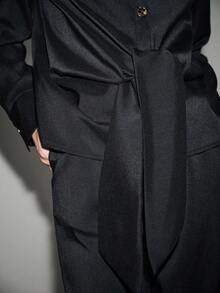 Lumivelle 女士经典领结衬衫+高腰垂褶阔腿裤套装（2件套），休闲精致的办公室着装，春秋季 - 藏蓝色 - 查看 4