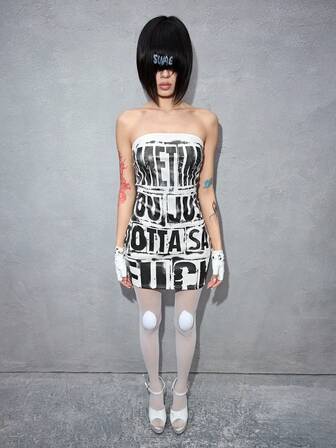 J-Fashion Women's Biker Chic Street Logo Slogan PU Print Bandeau Bodycon Mini Dress