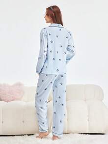 Bonmuse 2 件套条纹蝴蝶结印花睡衣套装，长袖翻领上衣和蝴蝶结裤子，女士睡衣家居服，秋冬秋季服装，清凉浅蓝色 - 藍色 - 查看 2