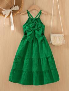 Sparklyn Girls' Summer New Sleeveless Backless Dress With Big Bow Decor, Flowy A-Line Textured Fabric, Minimalist Red Color, Suitable For Vacation - Green - View 2