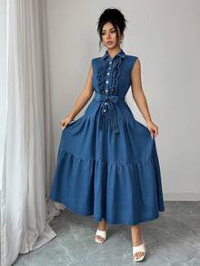 Elenzga Women's Collared Button Ruffle Hem Waist Tie Design Denim Dress, Fashionable For Dates And Parties - Blue - View 5