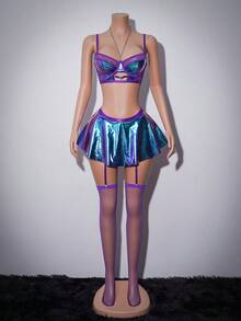 5pcs Set Luxury Shimmering Purple & Silver Chain Deep V Halter Sexy Lace Patchwork Lingerie Set - Purple - View 6