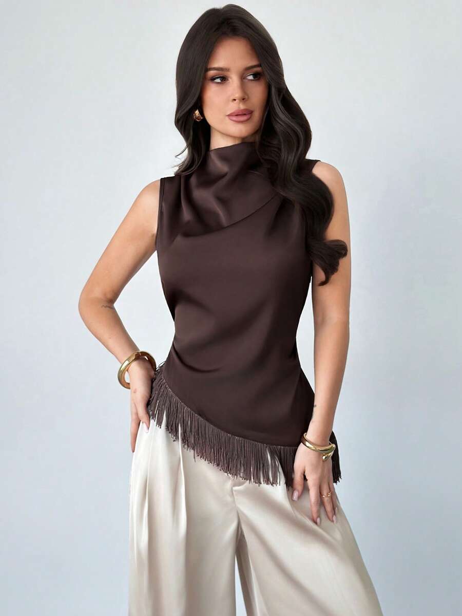 Firerie 女士优雅休闲日常/通勤/度假波西米亚风无袖上衣，棕色缎面褶皱领无袖不对称流苏下摆修身女士背心，优雅、时尚、度假、百搭、教师、女士背心