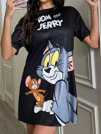 TOM & JERRY X SHEIN Women's Letter & Cartoon Pattern Black Short Sleeve Sleep Dress
