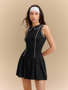 Hanevo Spring/Summer New Casual Elegant Sports Vacation Tennis Running Exercise Slim Fit Sleeveless A-Line Knit Mini Dress For Women - Black - View 5