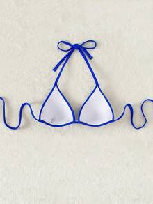 Swim Basics Top de bikini de un solo color con cuello halter y espalda descubierta - azul real - Ver 2