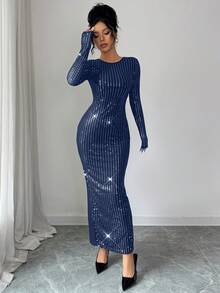 Rafferiza Solid Color Backless Sequin Patchwork Round Neck Bodycon Sexy Long Sleeve Dress - Navy Blue - View 4