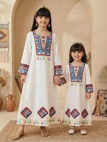 SHEIN 少女宽松梭织纯色印花流苏边长连衣裙，乡村风连衣裙，波西米亚风连衣裙，适合春季郊游和度假 - 彩色 - 查看 1