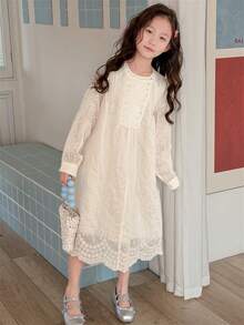 DAZY Tween Girls Lace Round Neck Long Sleeve Loose Dress - Beige - View 6