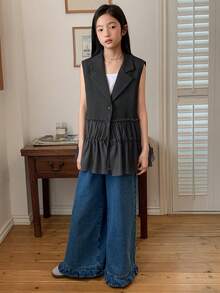 DAZY Chaleco de blazer sin mangas con parches de malla negra para niñas preadolescentes - Gris - Ver 2