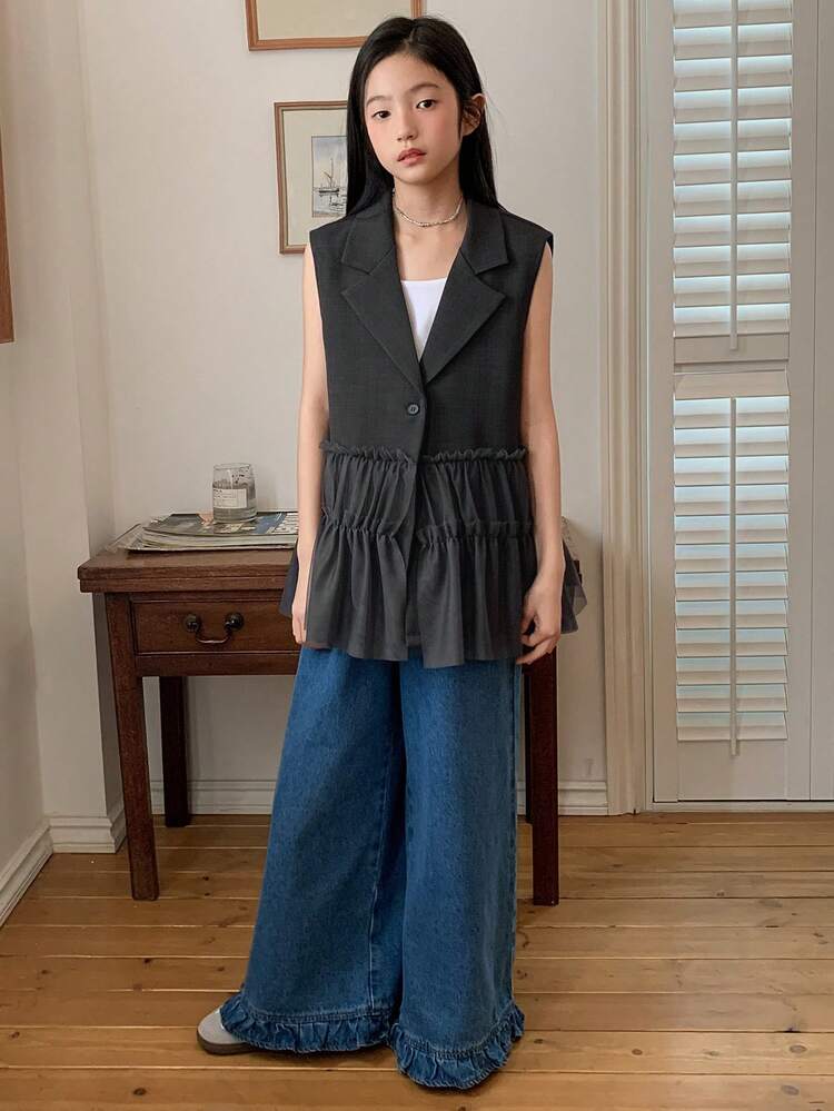 Tween Girls Black Mesh Patchwork Sleeveless Blazer Vest