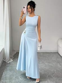 Elenzga Elegant Asymmetrical Hem Waist Cinched Sleeveless Crew Neck Stretchy Knit Bodycon Dress, Metallic Accent, French Chic, Vacation Sexy, Minimalist, Spring/Summer Elegant Long Dress Light Blue Long Dress Sleeveless Long Dress Sky Blue Formal Dress Sleek Long Dress - Blue - View 7