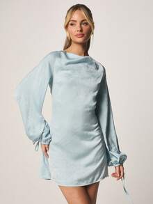 MISSGUIDED Satin Long Sleeve Cowl Back Mini Dress With Balloon Sleeves And Tie Details For Party Occasions - Blue - View 1