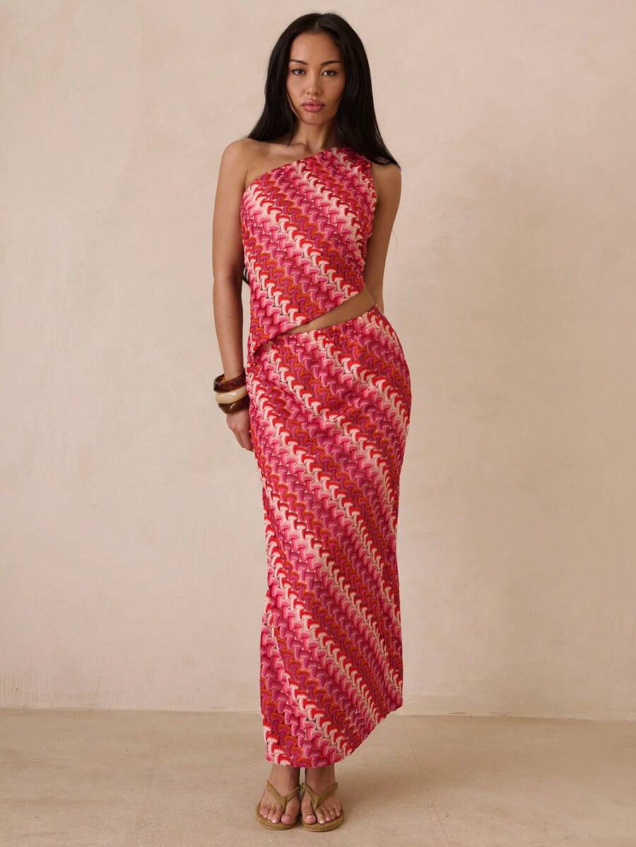 Glamine Women's Elegant Multicolor Knitted Asymmetrical Neck Sleeveless Top And Long Skirt Two-Piece Set With Split Detail - Multicolor - View 1