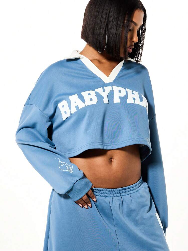 BABYPHAT Crop Polo Long Sleeve Sweatshirt With Puff Print Varsity Logo V-Neck Basketball Streetwear Top For Casual Weekend Fall Winter Layering