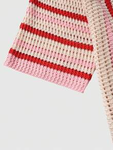 ROMWE MEN 男士条纹短袖单排扣休闲针织上衣 - 粉色 - 查看 3