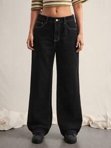 Easelle 女士休闲时尚街头风日常通勤撞色缝线星形图案宽松阔腿裤 - 黑色 - 查看 4