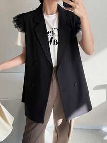 FRIFUL Women's Solid Black Sheer Mesh Patchwork Loose Casual Versatile Blazer Jacket - Black - View 2