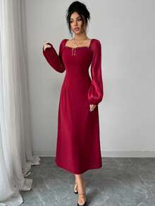 Modelyn French Design Square Neck Rhinestone Patchwork Women Dress - Burgundy - View 3