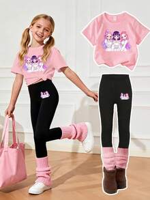 Sparklyn 2pcs/Set KPOP Graphic Print Top, Tween Girl Crew Neck Sweatshirt And Leggings Set, Fashionable Casual, Suitable For Autumn/Winter - Multicolor - View 3