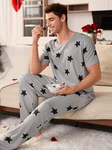 CoupledUp Star Print Short Sleeve Pants Men Pajama Set - Grey - View 4