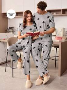 CoupledUp Star Print Short Sleeve Pants Men Pajama Set - Grey - View 7