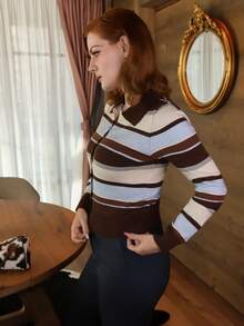 Gretanique Striped Collared Button-Up Cardigan In Brown, Light Blue And Cream With A Fitted Ribbed Hem And Long Sleeves - A Chic, Figure-Skimming Layering Piece For Fall, Perfect Over Blouses, Tees Or Dresses For Casual Autumn Outfits, Going-Out Looks, Party Outfits, Graduation Guest Wear, Prom-Ready Or Smart-Casual Events. - Brown - View 5