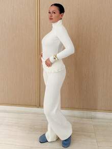 Kuleshova 罗纹针织钩编细节翻折腰带阔腿裤套装（仅下装）秋季舒适可爱休闲咖啡俱乐部优雅晚宴派对 - 奶油色 - 查看 4