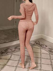 DAZY 2pcs Women Fitted Knit Ruffle Collar Long Sleeve Top And Long Pants Pajama Set, Autumn/Winter - Pink - View 2