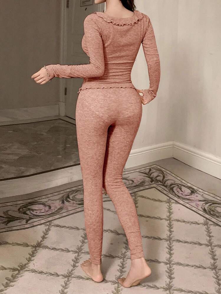 2pcs Women Fitted Knit Ruffle Collar Long Sleeve Top And Long Pants Pajama Set, Autumn/Winter