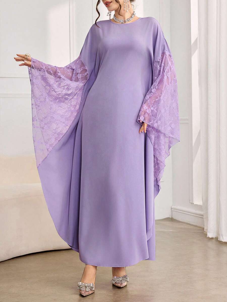 Al Najma 女士优雅撞色蕾丝宽松落肩连衣裙，秋季 - 紫色 - 查看 1