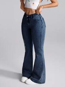 Selenza Jeans de campana con bolsillo bordado con flores, versátil y casual para mujer - Azul - Ver 3