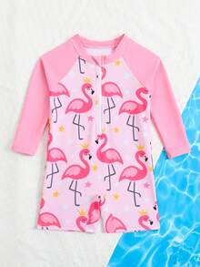 女婴/女童新款长袖连体泳衣，随机印花 - 粉色 - 查看 5