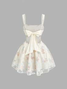 Sweetra Plus Size Romantic Square Neck Cinched Waist A-Line Embroidered Dress - Apricot - View 2