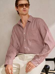 Formmaro Manfinity Men's Red And White Plaid Long Sleeve Shirt,Casual Autumn Smart Casual Office Style,Burgundy Maroon Striped Print Dress Shirts For Commuting - Brown - View 6