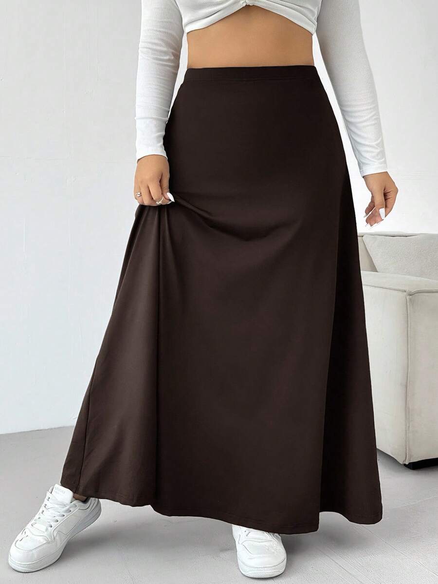 SHEIN EZwear 大码女式巧克力棕色高腰休闲裙 - 巧克力棕 - 查看 1