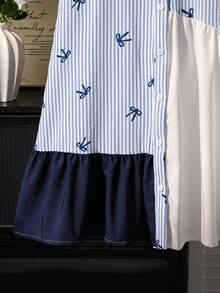 SHEIN Tween Girls' Cute Blue And White Striped Short Sleeve Shirt Dress,Fashion Bow Patchwork Midi Dress For Summer,Vacation,Holiday,Daily Wear&Outings - Blue and White - View 7