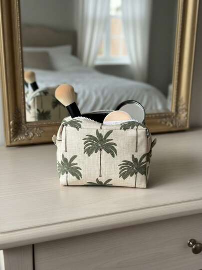 Cirelle Spacious Plant Series Cosmetic Pouch - Multi-Layer Organizer, Portable Handheld Wash Bag, Machine Washable, Collapsible For Travel (Choose: Palm Tree, Floral Bird, Or Minimalist Grass Pattern)